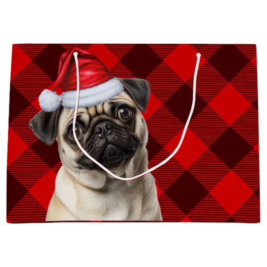 Christmas Red Buffalo Plaid Pug Dog Lover ラージペーパーバッグ (正面)