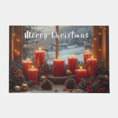 Christmas Red Candles Pine Cones Winter View  ドアマット (正面)
