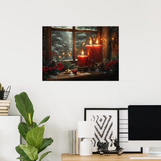 Christmas Red Candles Wintery Window ポスター (ホームオフィス)