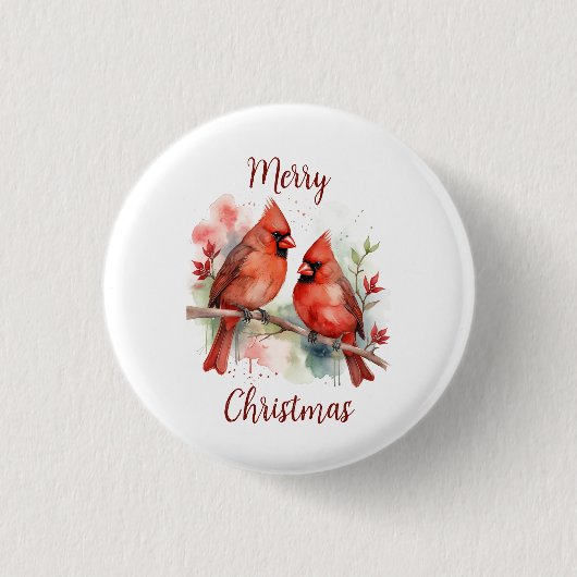 Christmas Red Cardinal Birds Holiday Art 缶バッジ (正面)