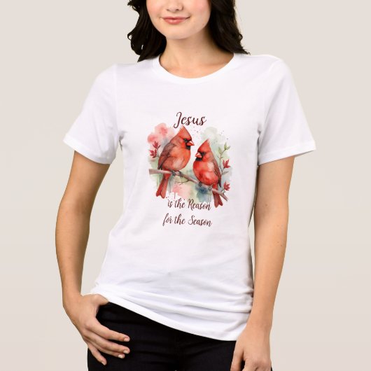 Christmas Red Cardinal Jesus Reason for Season トライブレンドＴシャツ (正面)