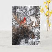 Christmas Red Cardinal On Snowy Moose Antlers カード (黄色い花)