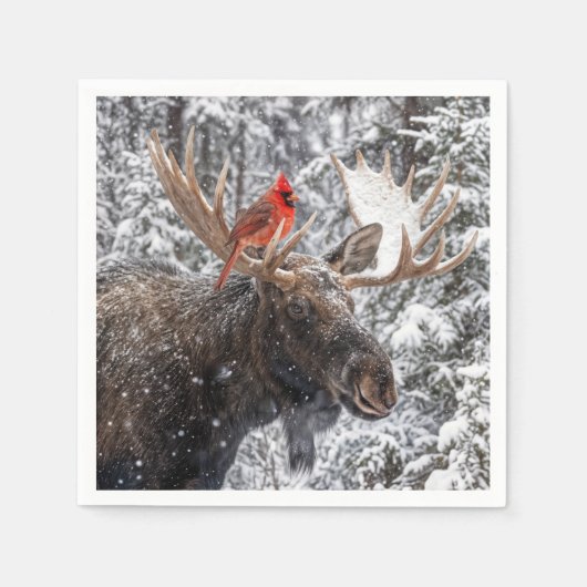 Christmas Red Cardinal On Snowy Moose Antlers スタンダードカクテルナプキン (正面)
