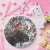 Christmas Red Cardinal On Snowy Moose Antlers ペーパープレート (パーティー)