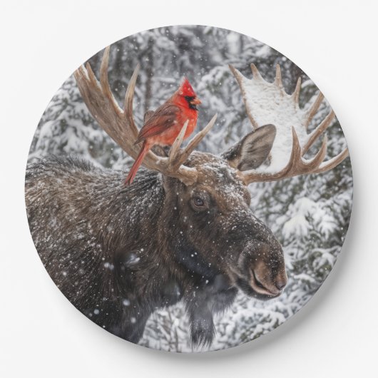 Christmas Red Cardinal On Snowy Moose Antlers ペーパープレート (正面)