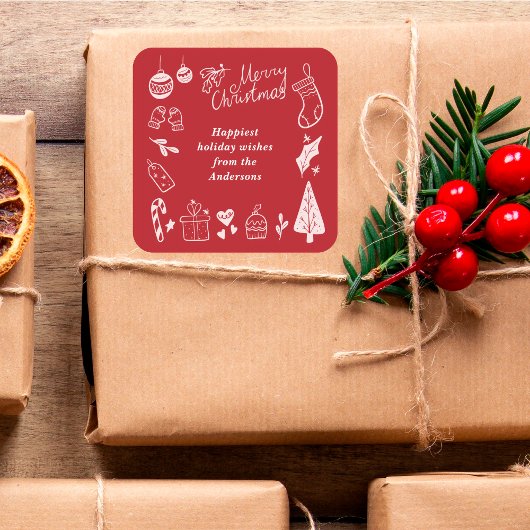 Christmas Red Cute Festive Hand Drawn Doodles スクエアシール