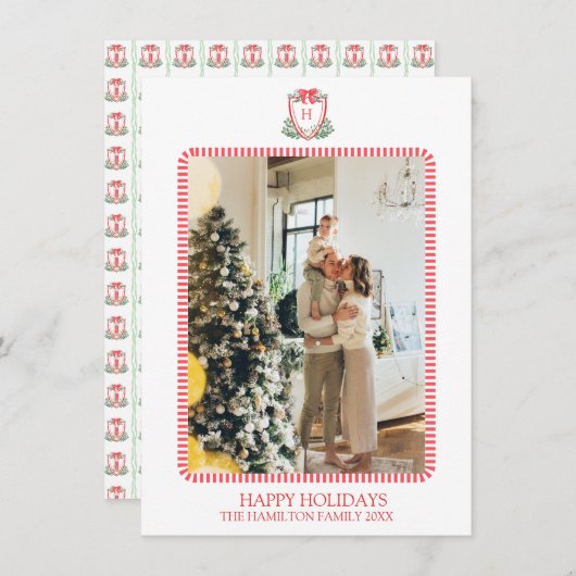 Christmas Red Door Monogram Photo Grandmillennial シーズンカード (正面/裏面)