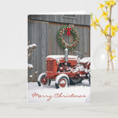 Christmas Red Farm Tractor In Snow カード (黄色い花)