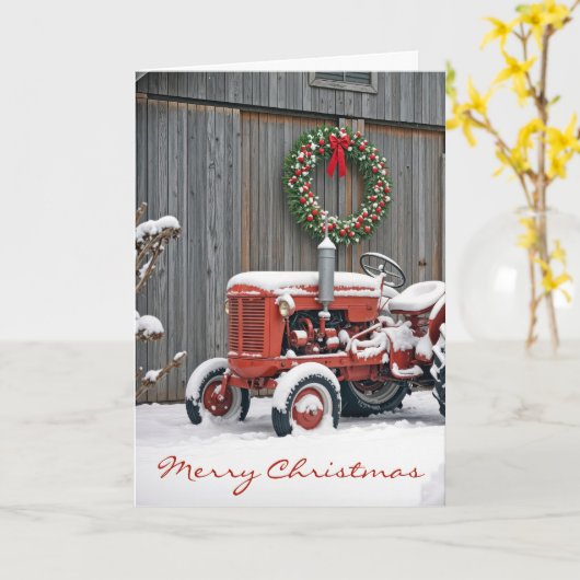 Christmas Red Farm Tractor In Snow カード (黄色い花)