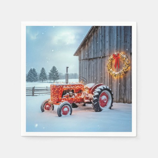 Christmas Red Farm Tractor In Snow スタンダードカクテルナプキン (正面)