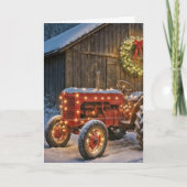 Christmas Red Farm Tractor With Glowing Wreath カード (正面)