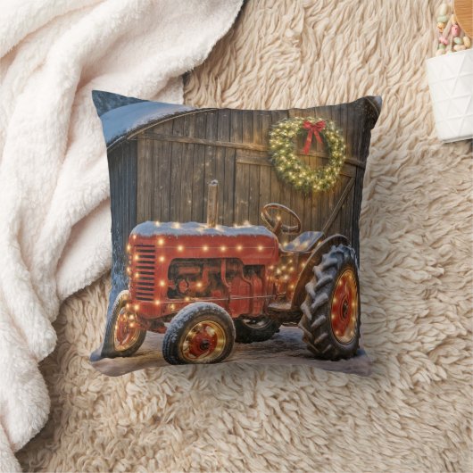 Christmas Red Farm Tractor With Glowing Wreath クッション (ブランケット)