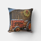 Christmas Red Farm Tractor With Glowing Wreath クッション (正面)