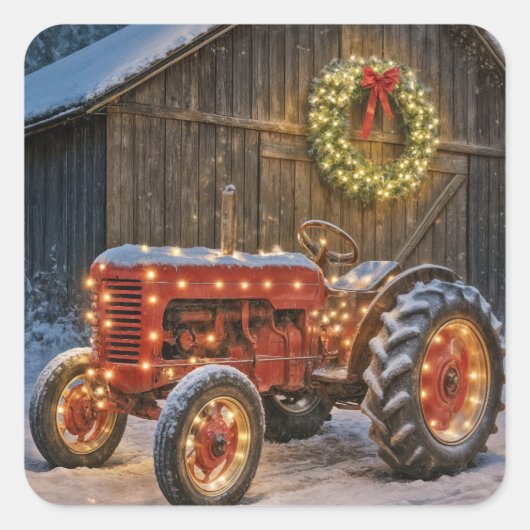 Christmas Red Farm Tractor With Glowing Wreath スクエアシール (正面)