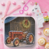 Christmas Red Farm Tractor With Glowing Wreath ペーパープレート (パーティー)