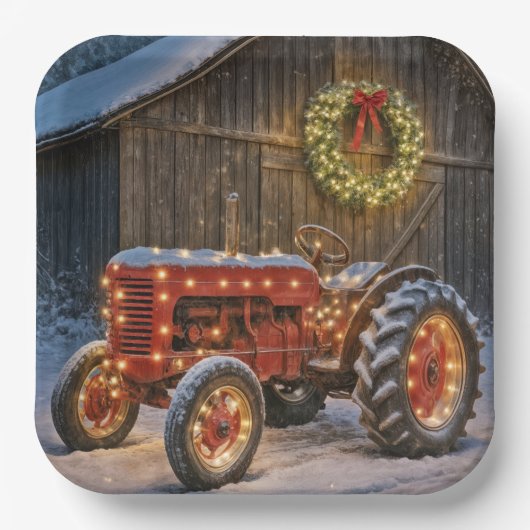 Christmas Red Farm Tractor With Glowing Wreath ペーパープレート (正面)