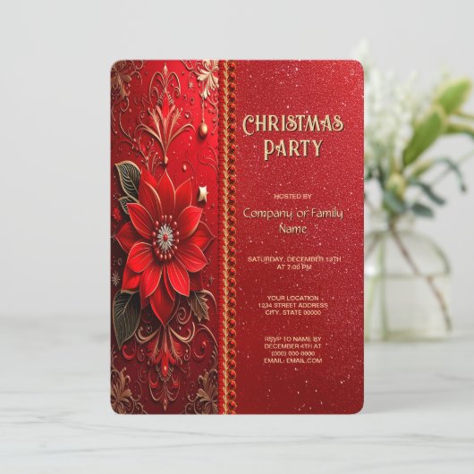 Christmas Red Flower Holiday Party Invitation 招待状 (スタンド正面)