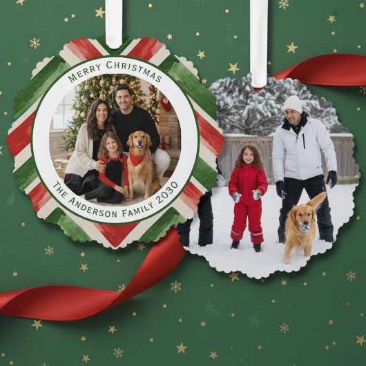 Christmas Red Green Chevron Easy 2 Photos オーナメントカード