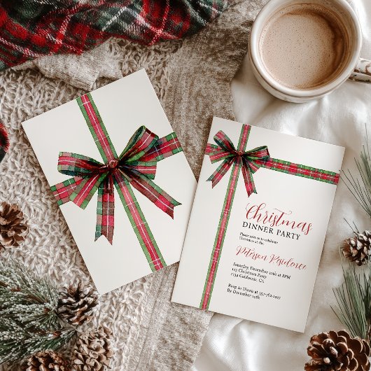 Christmas Red Green Plaid Coquette Bow Holiday 招待状