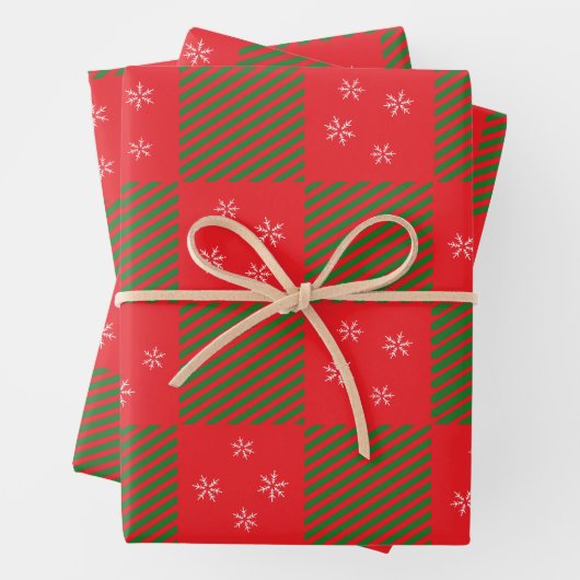 Christmas Red Green Plaid Pattern Snow Flakes  ラッピングペーパーシート (インサイチュ)