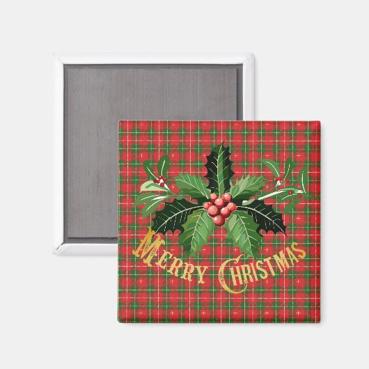 Christmas Red Green Plaid with Wreath マグネット (正面/裏面)