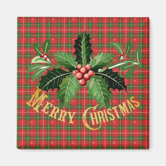 Christmas Red Green Plaid with Wreath マグネット (正面)