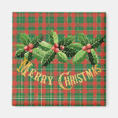 Christmas Red Green Plaid With Wreath マグネット (正面)