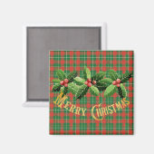 Christmas Red Green Plaid With Wreath マグネット (正面/裏面)
