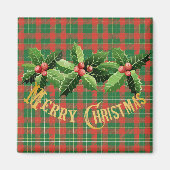 Christmas Red Green Plaid With Wreath マグネット (正面)