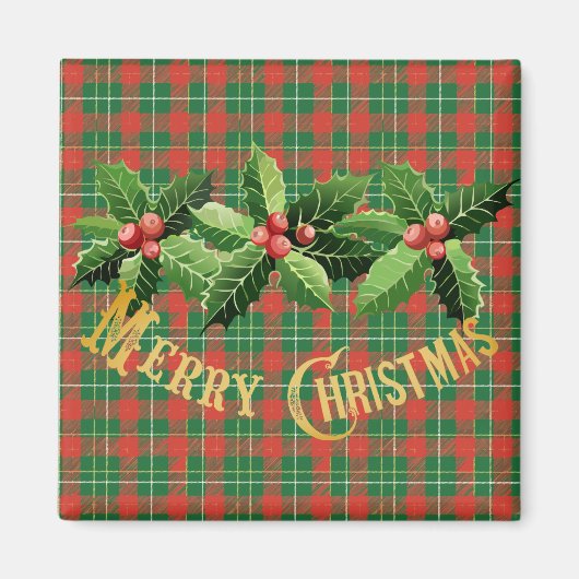 Christmas Red Green Plaid With Wreath マグネット (正面)