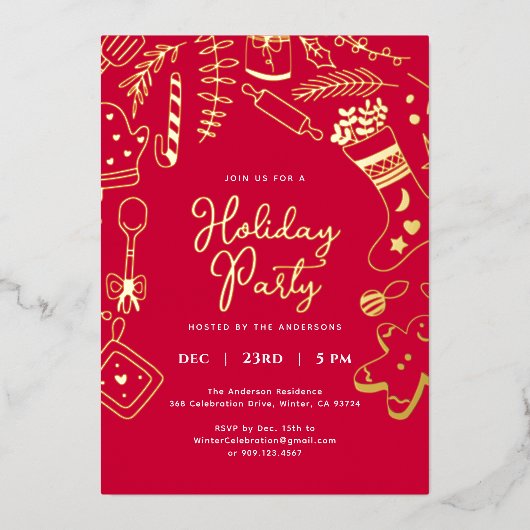 Christmas Red Hand Drawn Holiday Baking Party  箔招待状 (正面)