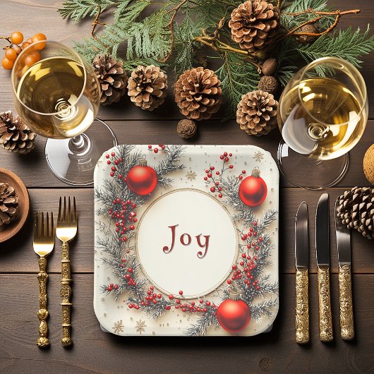 Christmas Red Ornaments Berries Snowflakes ペーパープレート