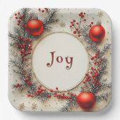 Christmas Red Ornaments Berries Snowflakes ペーパープレート (正面)