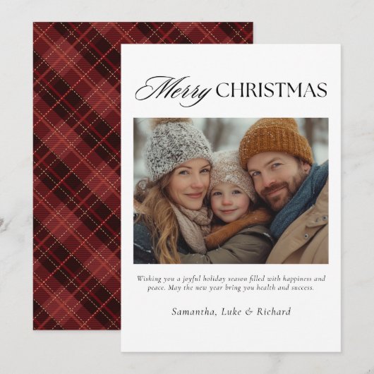 Christmas Red Plaid Family Photo Holiday Card シーズンカード (正面/裏面)