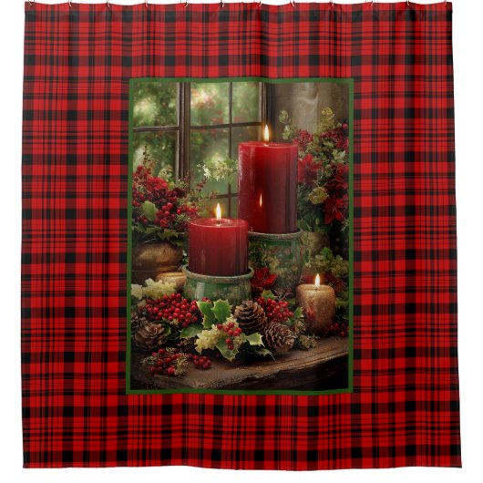 Christmas Red Plaid Red Candles Pine Cones シャワーカーテン (正面)