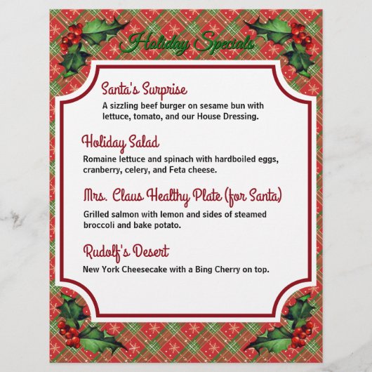 Christmas Red Plaid Restaurant Specials チラシ (正面)