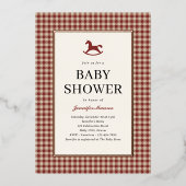 Christmas Red Plaid Rocking Horse Baby Shower 箔招待状 (正面)