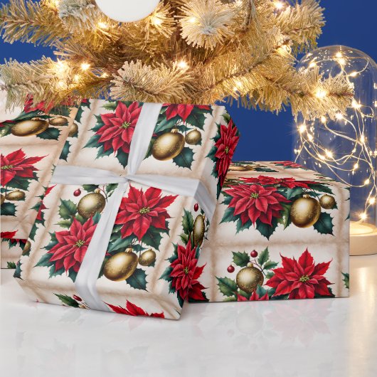 Christmas Red Poinsettia and Golden Ornaments  ラッピングペーパー (クリスマス)