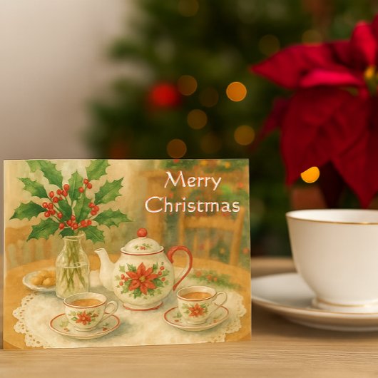 Christmas Red Poinsettia Teapot  ポストカード