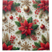 Christmas Red Poinsettia with Gold Snowflakes シャワーカーテン (正面)