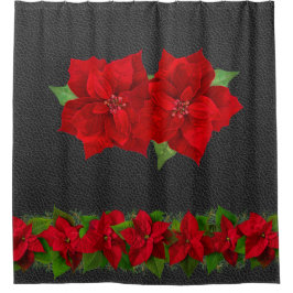 Christmas Red Poinsettias with Greenery on Black シャワーカーテン