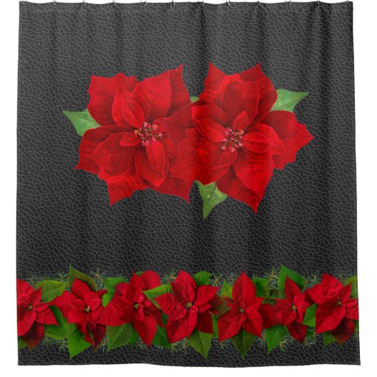 Christmas Red Poinsettias with Greenery on Black シャワーカーテン (正面)