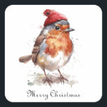 Christmas Red Robin、カスタマイズ可能 スクエアシール<br><div class="desc">クリスマス絵画スタイルの赤い冬帽子と赤いロビンの水色の</div>