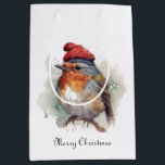Christmas Red Robin、カスタマイズ可能 ミディアムペーパーバッグ<br><div class="desc">クリスマス絵画スタイルで赤い冬帽子を持つ枝の上の水色の赤いロビン</div>