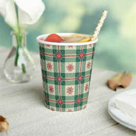 Christmas Red Snowflakes Green Checks Pattern 紙コップ