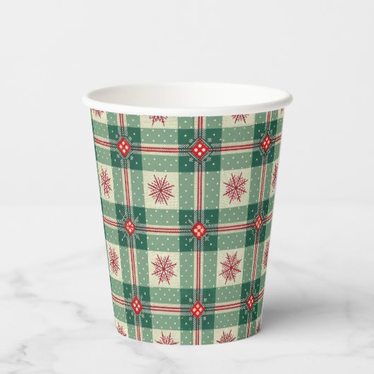 Christmas Red Snowflakes Green Checks Pattern 紙コップ (裏面)