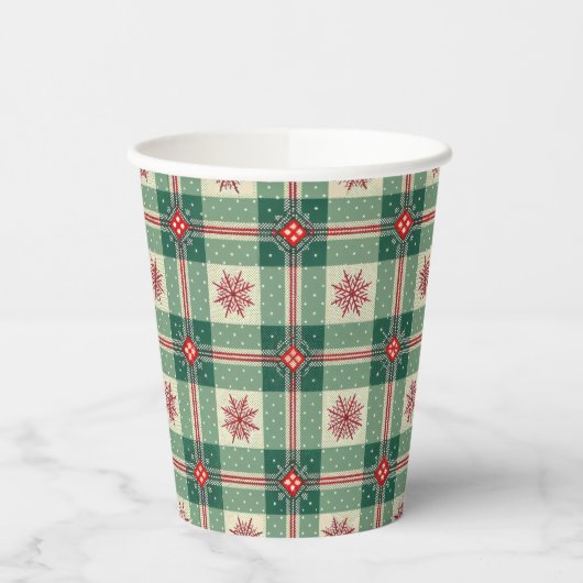 Christmas Red Snowflakes Green Checks Pattern 紙コップ (左)