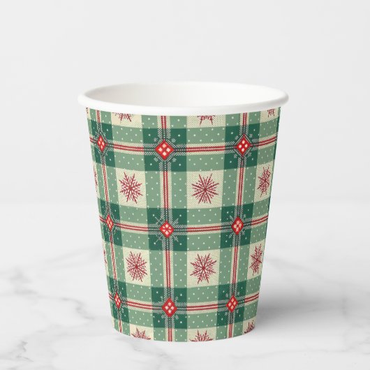 Christmas Red Snowflakes Green Checks Pattern 紙コップ (正面)