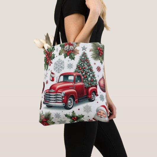 Christmas Red Truck and Santa Pattern トートバッグ (クローズアップ)