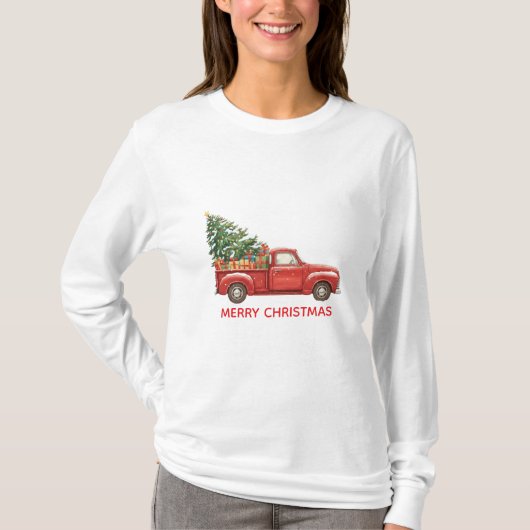Christmas Red Truck Tree Transport Tシャツ (正面)